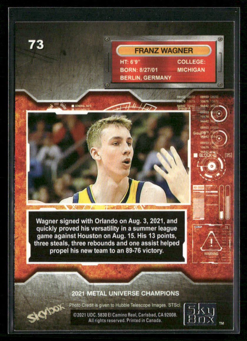 Franz Wagner 2021 SkyBox Metal Universe Champions #73 back