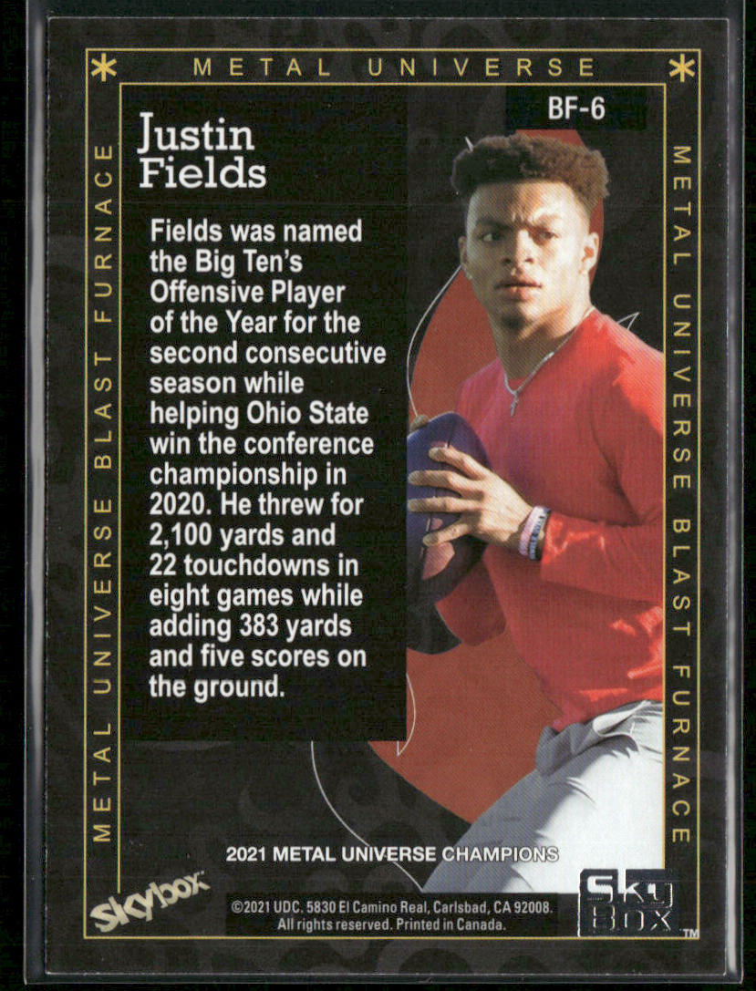 Justin Fields 2021 SkyBox Metal Universe Champions Blast Furnace #BF-6 back