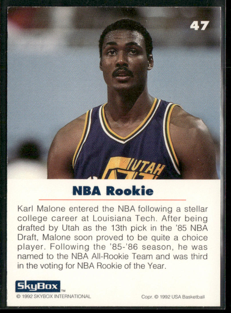 Karl Malone 1992 SkyBox USA #47 USA back