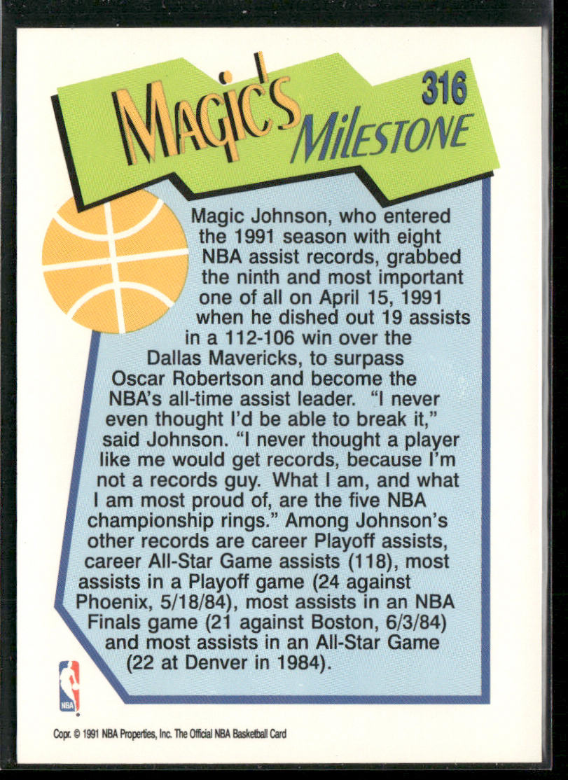 Magic Johnson 1991-92 Hoops #316 Los Angeles Lakers back