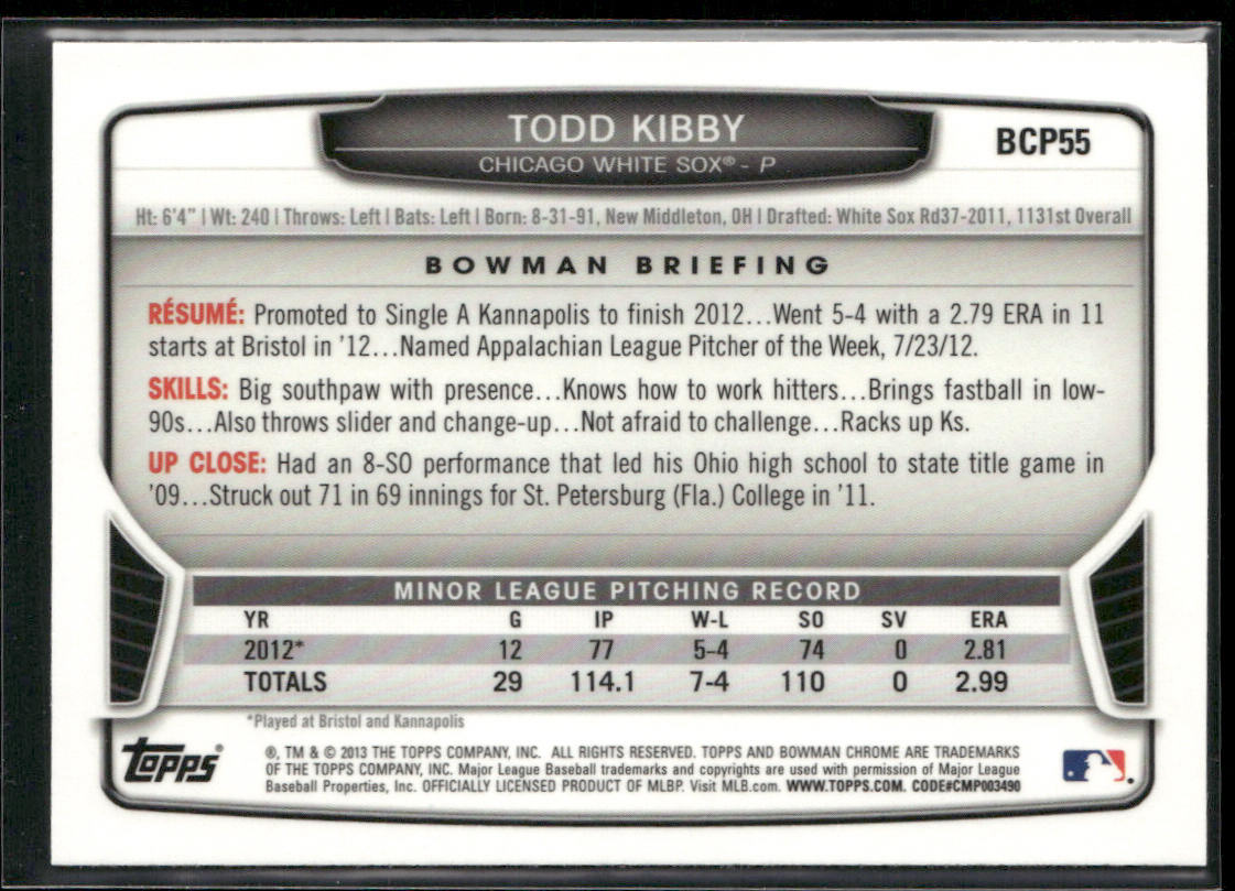 Todd Kibby 2013 Bowman Chrome Prospects #BCP55 Chicago White Sox