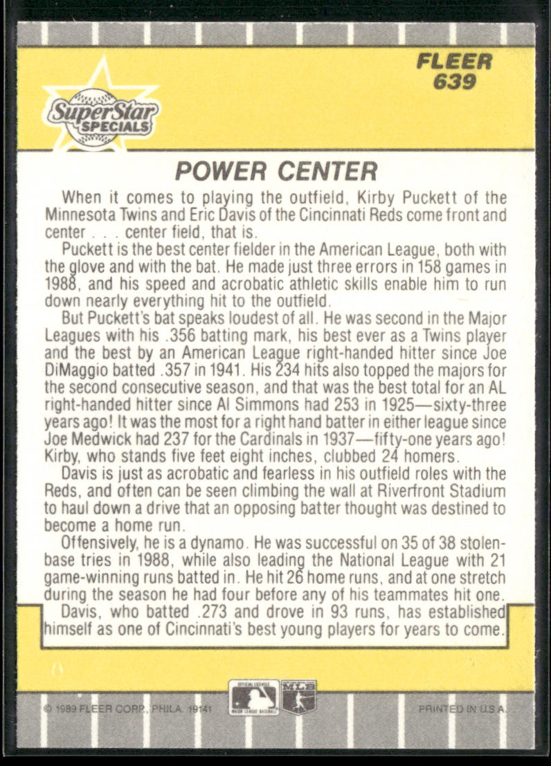 Power Center (Kirby Puckett / Eric Davis) SSS, CPC 1989 Fleer #639