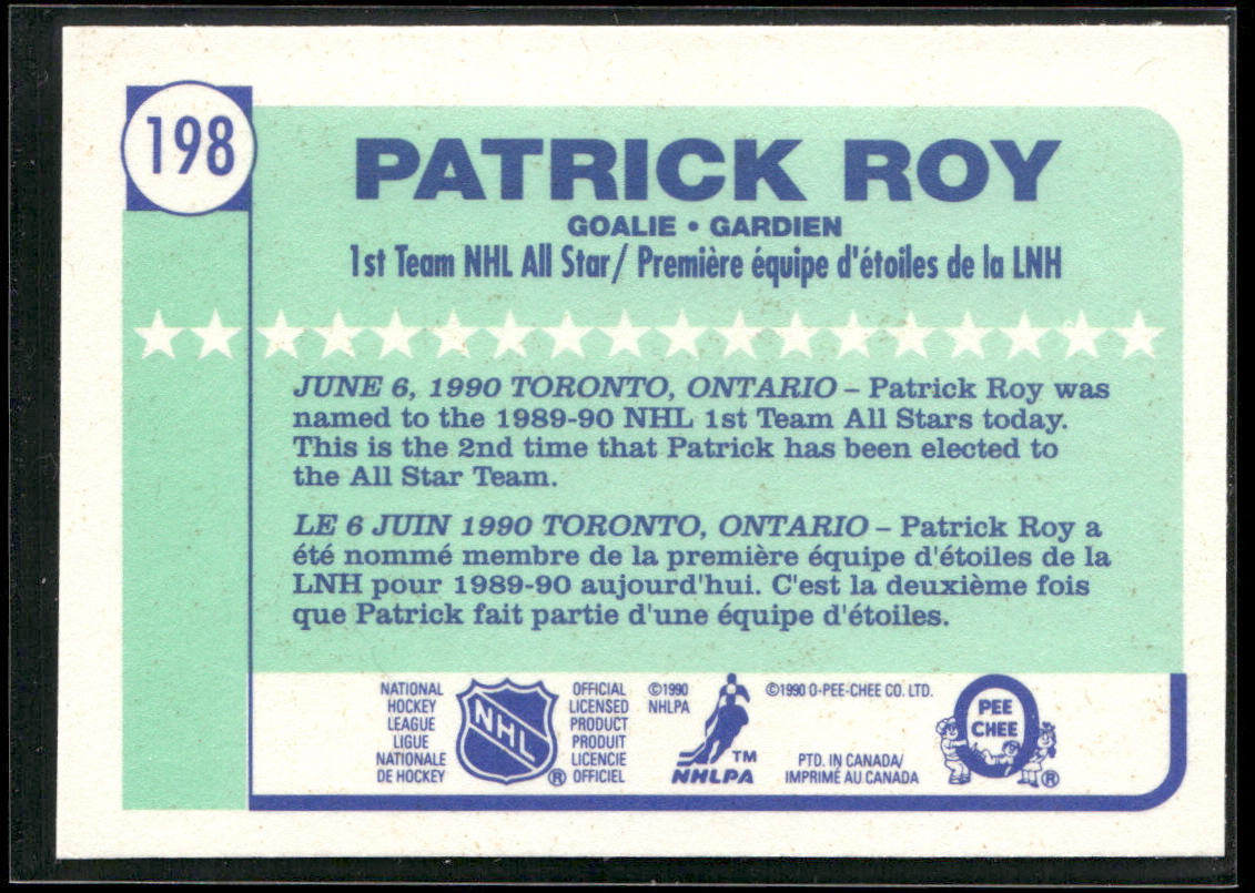 Patrick Roy 1990-91 Topps #198a Montreal Canadiens back