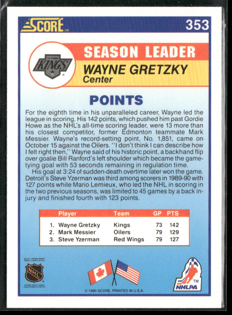 Wayne Gretzky 1990-91 Score Canadian #353 Los Angeles Kings back