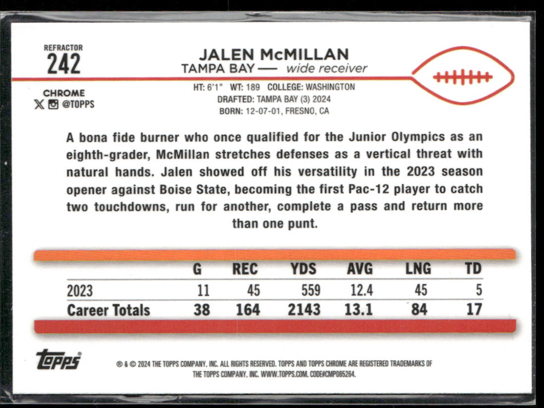 Jalen McMillan 2024 Topps Chrome #242 RC Tampa Bay Buccaneers