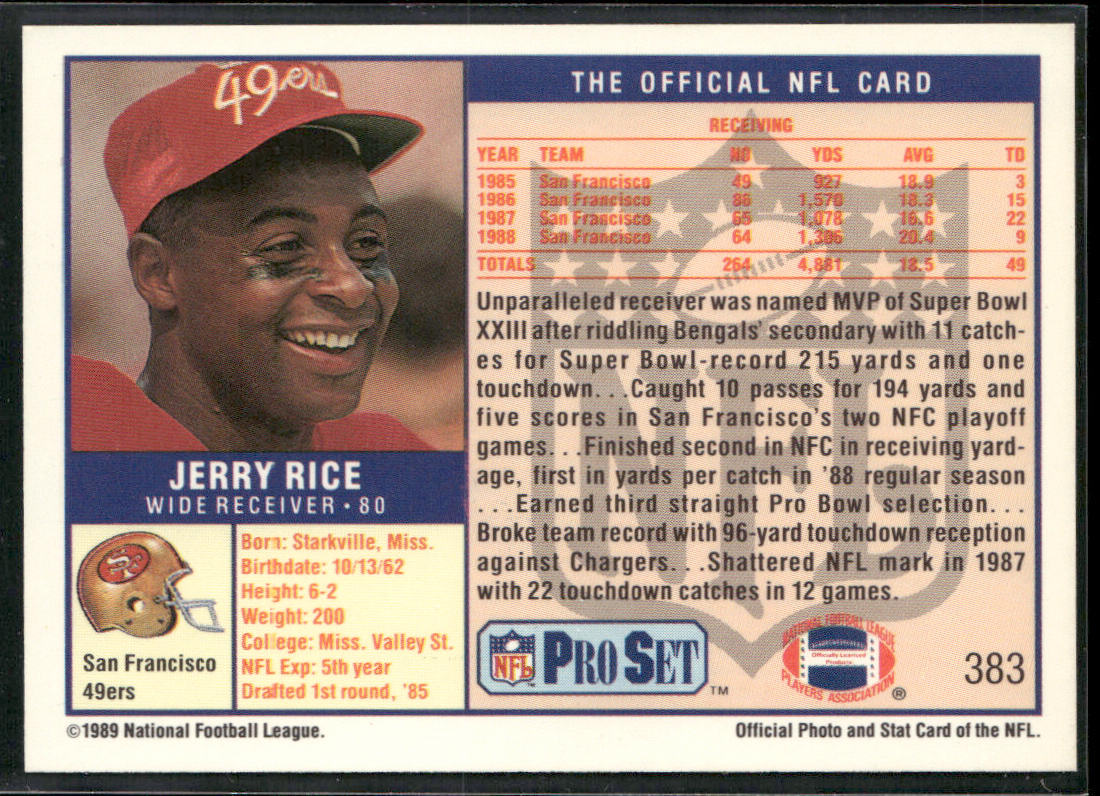 Jerry Rice 1989 Pro Set #383 San Francisco 49ers back