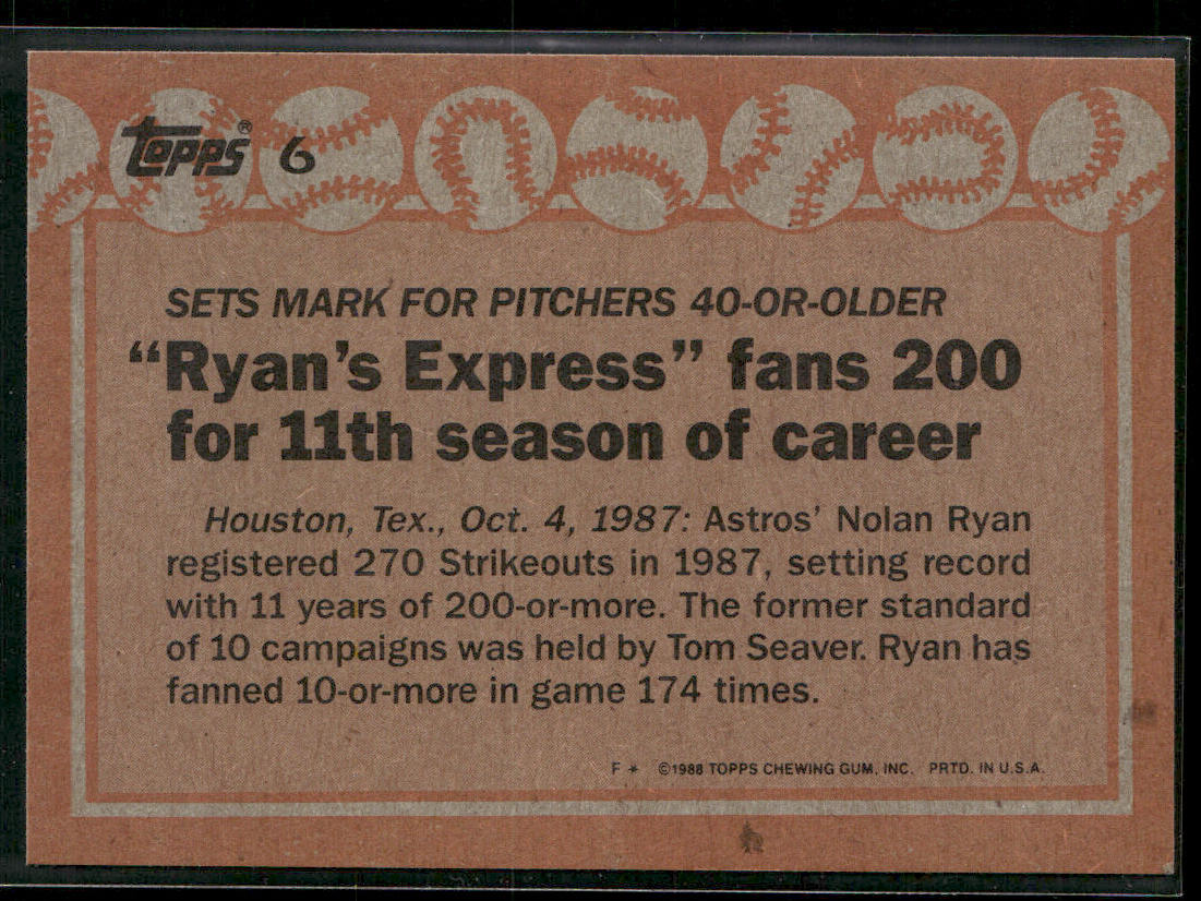 Nolan Ryan 1988 Topps #6 Houston Astros back