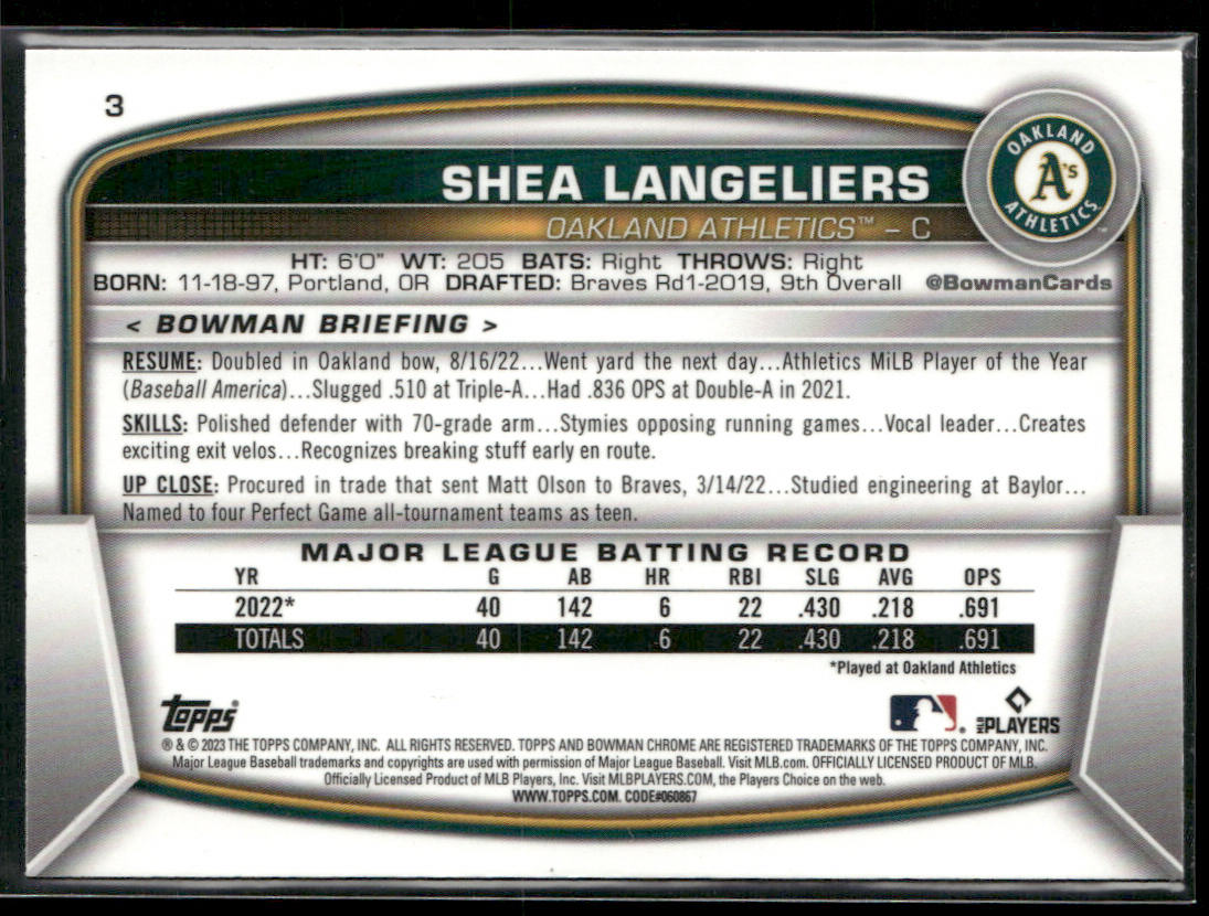 Shea Langeliers 2023 Bowman Mojo Refractors #3 RC Oakland Athletics