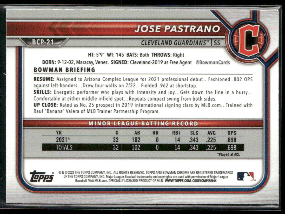 Jose Pastrano 2022 Bowman Chrome Prospects Mojo Refractors #BCP-21 Guardians