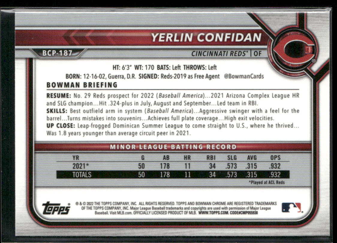 Yerlin Confidan 2022 Bowman Chrome Prospects Mojo Refractor #BCP-187 Reds