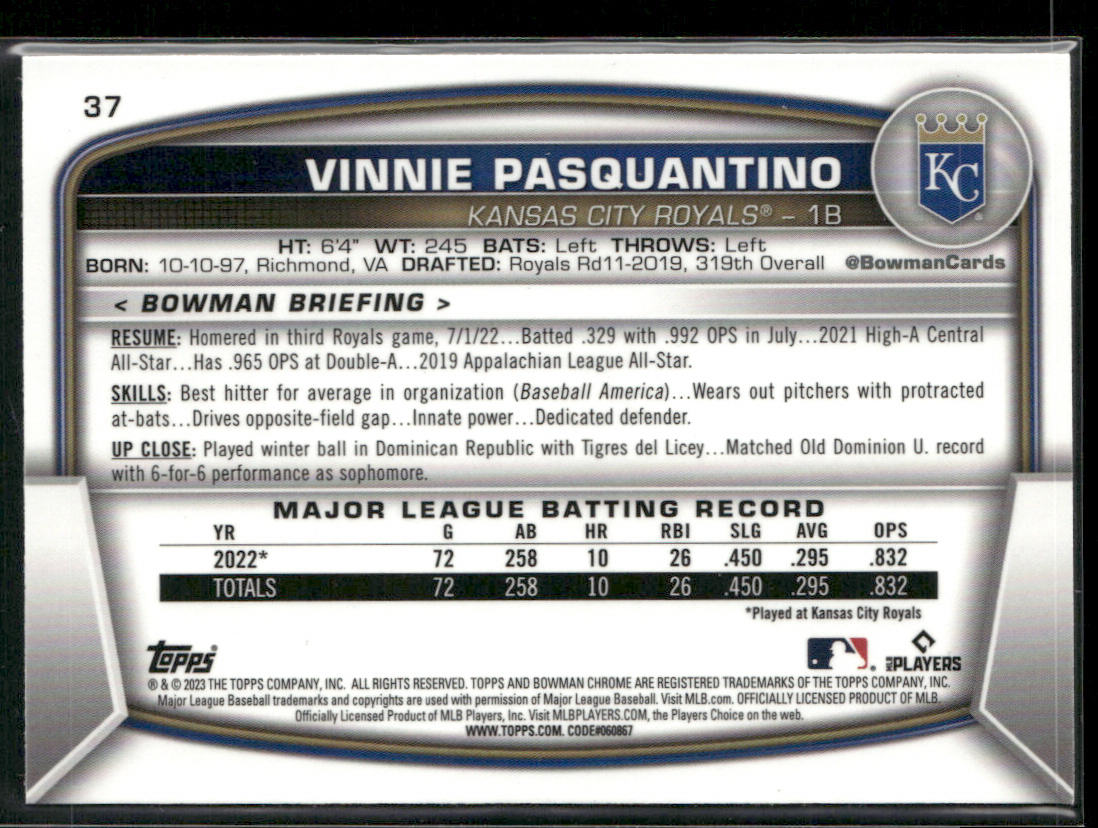 Vinnie Pasquantino 2023 Bowman Mojo Refractors #37 RC Kansas City Royals