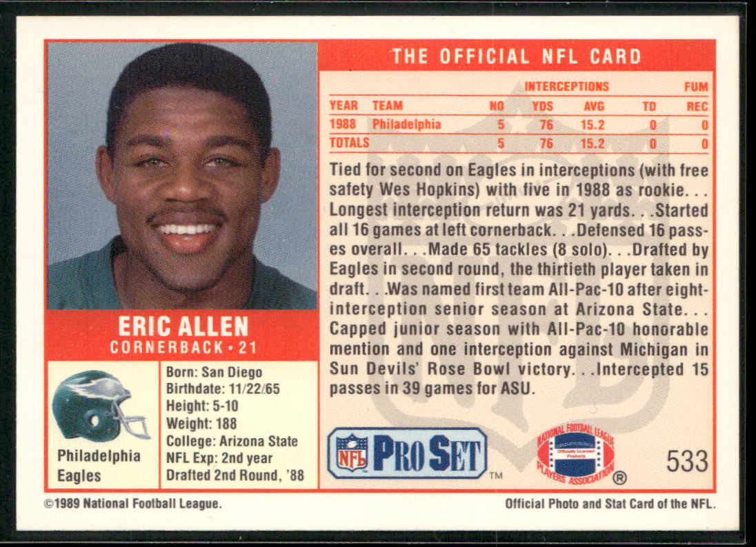 Eric Allen 1989 Pro Set #533 RC Philadelphia Eagles