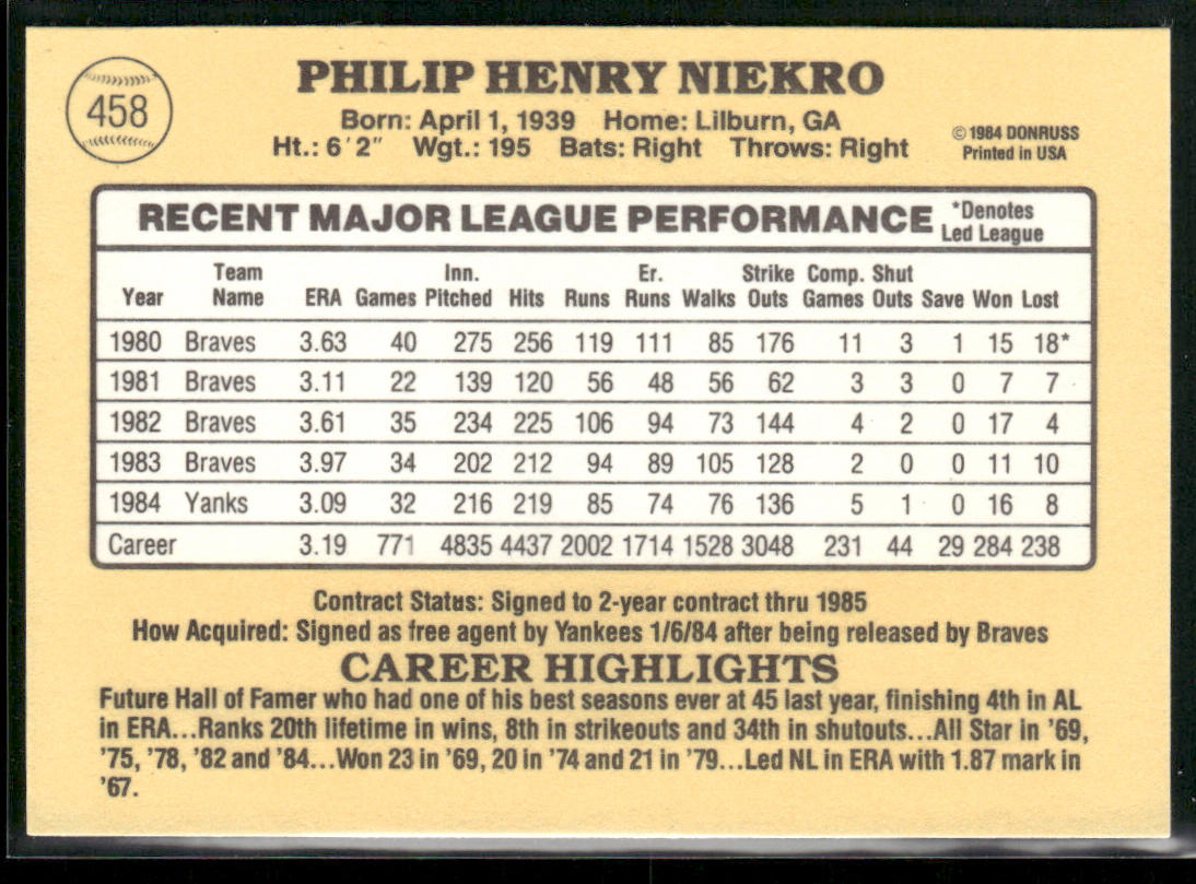 Phil Niekro 1985 Donruss #458 New York Yankees back