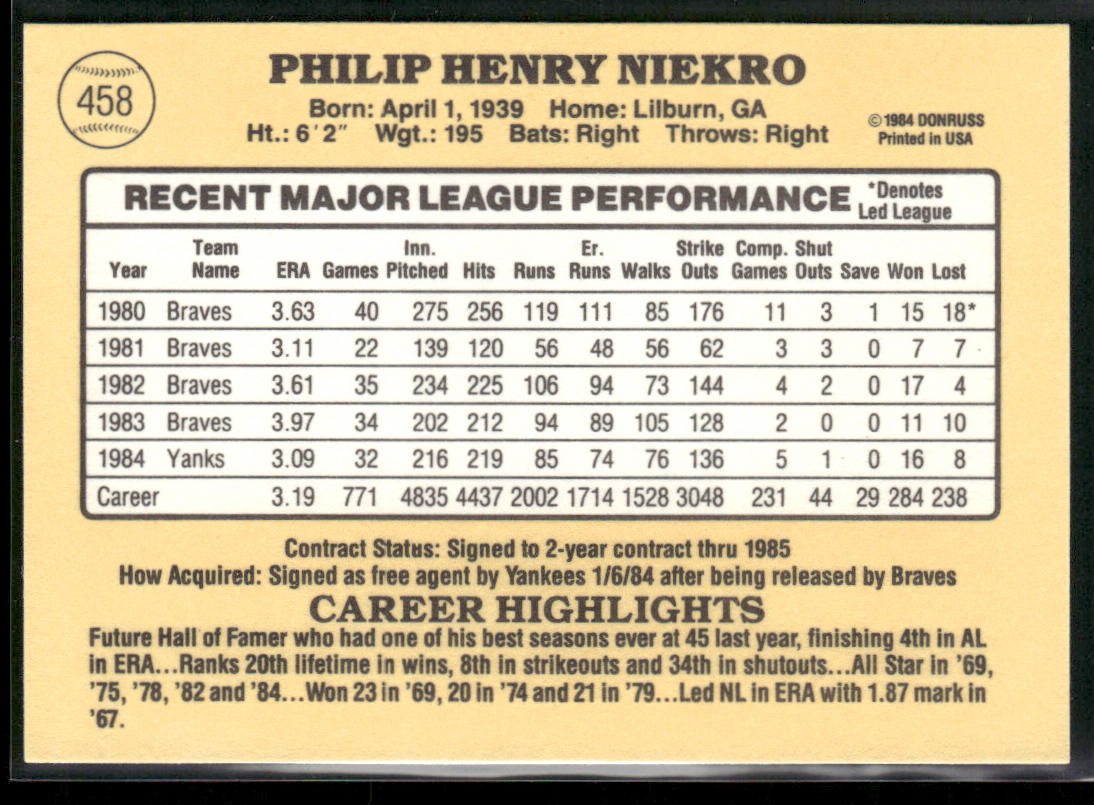 Phil Niekro 1985 Donruss #458 New York Yankees back