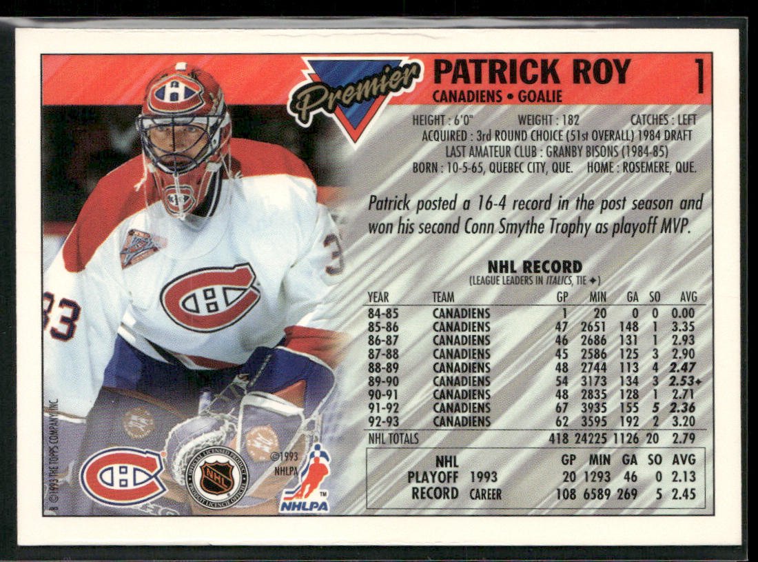 Patrick Roy 1993-94 Topps Premier #1 Montreal Canadiens