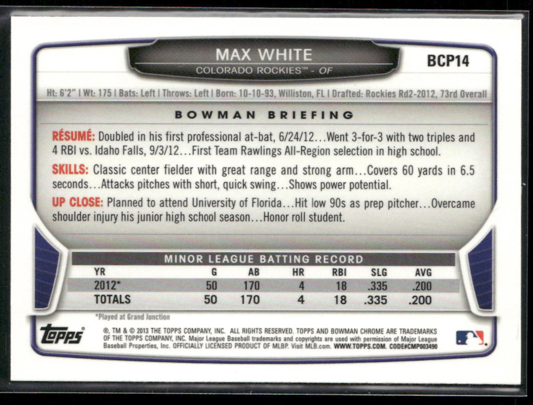 Max White 2013 Bowman Chrome Prospects #BCP14 Colorado Rockies