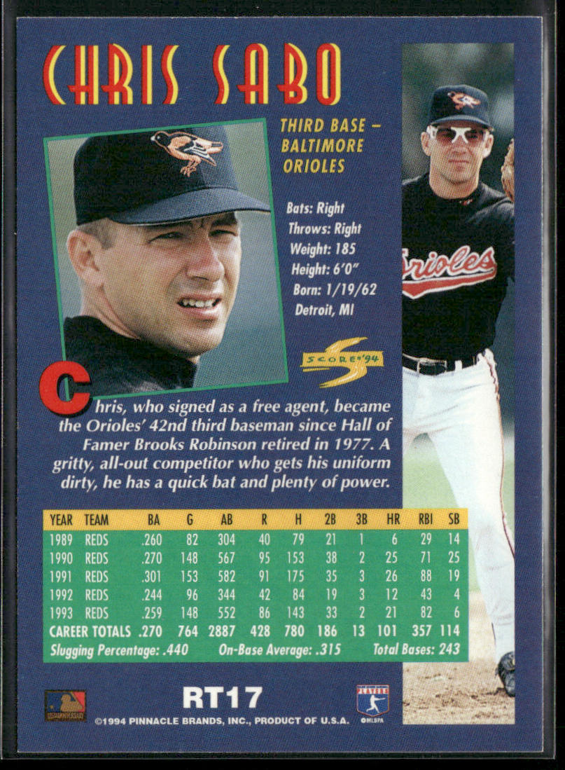 Chris Sabo 1994 Score Rookie & Traded #RT17 Baltimore Orioles