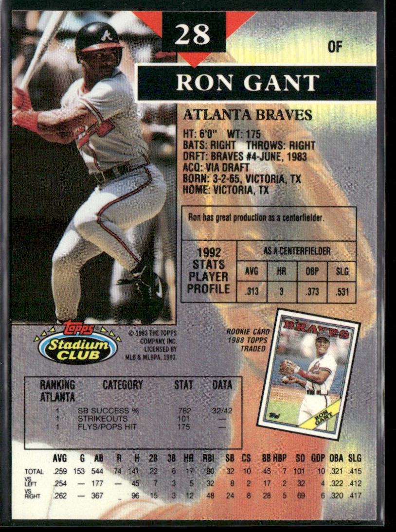 Ron Gant 1993 Stadium Club #28 Atlanta Braves