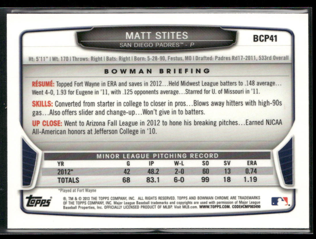 Matt Stites 2013 Bowman Chrome Prospects #BCP41 San Diego Padres