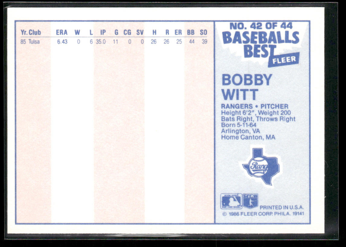 Bobby Witt 1986 Fleer Baseball's Best Sluggers vs. Pitchers #42 Texas Rangers