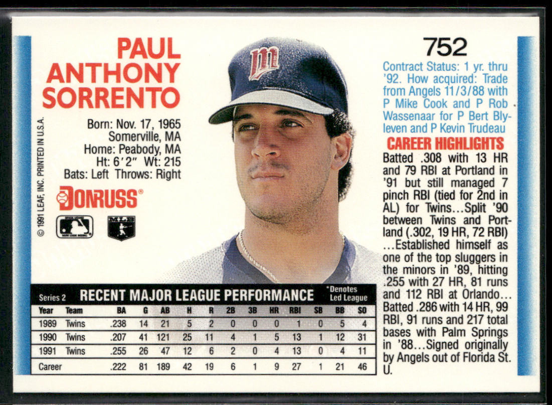 Paul Sorrento 1992 Donruss #752 Minnesota Twins