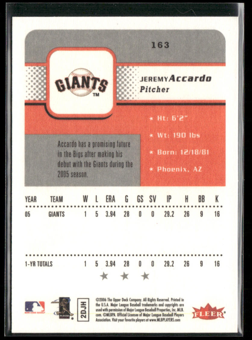 Jeremy Accardo 2006 Fleer #163 RC San Francisco Giants
