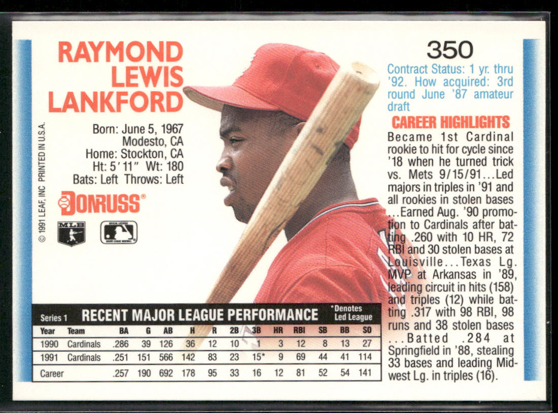 Ray Lankford 1992 Donruss #350b St. Louis Cardinals
