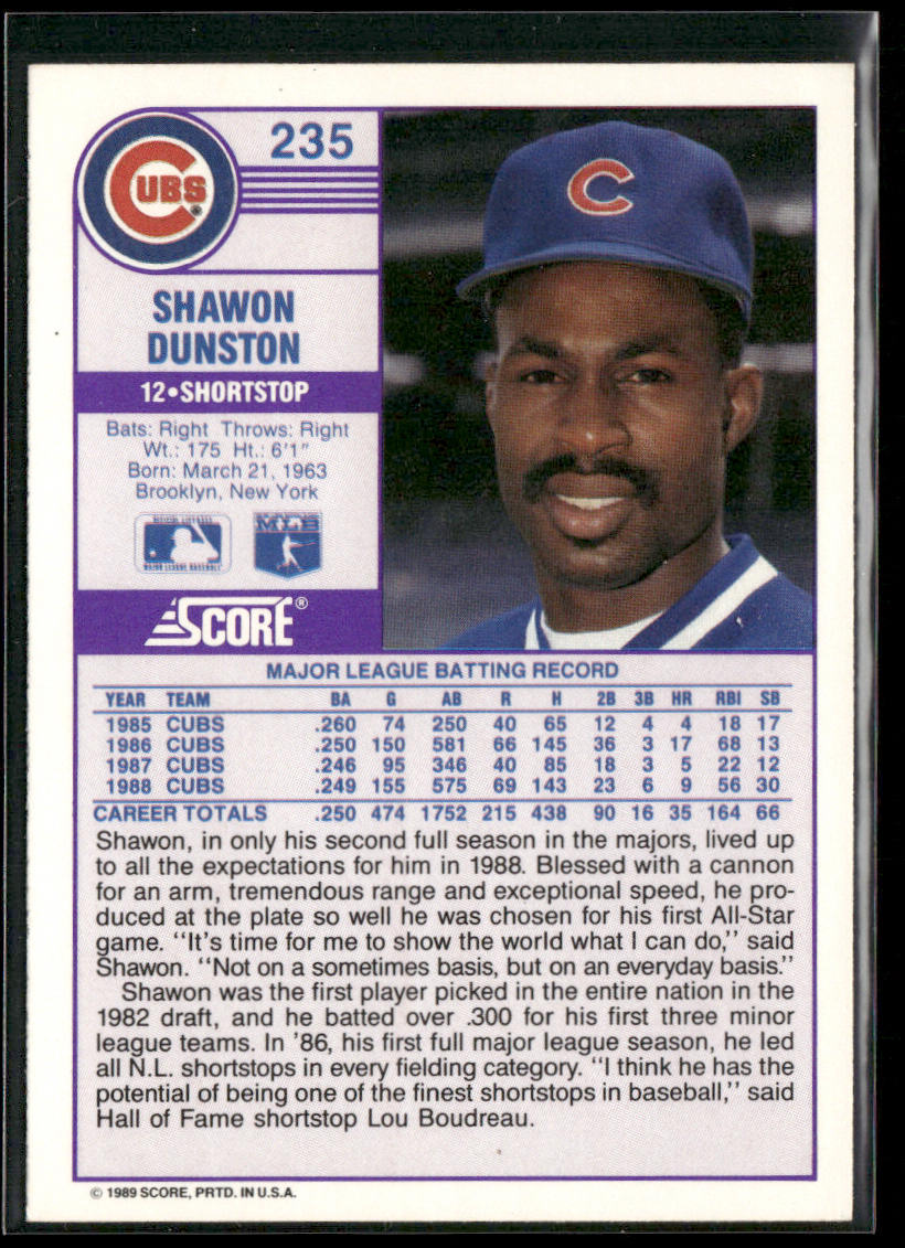 Shawon Dunston 1989 Score #235 Chicago Cubs