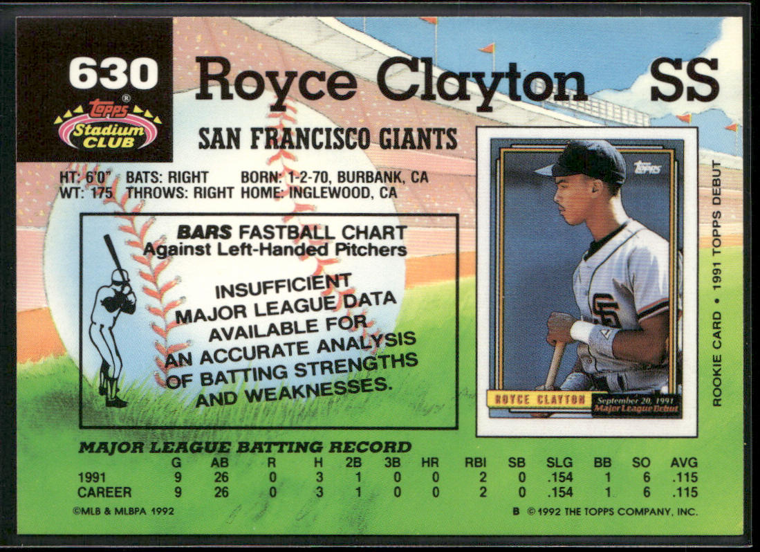 Royce Clayton 1992 Stadium Club #630b San Francisco Giants