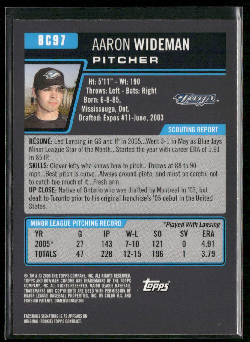 Aaron Wideman 2006 Bowman Chrome Prospects #BC97 Toronto Blue Jays