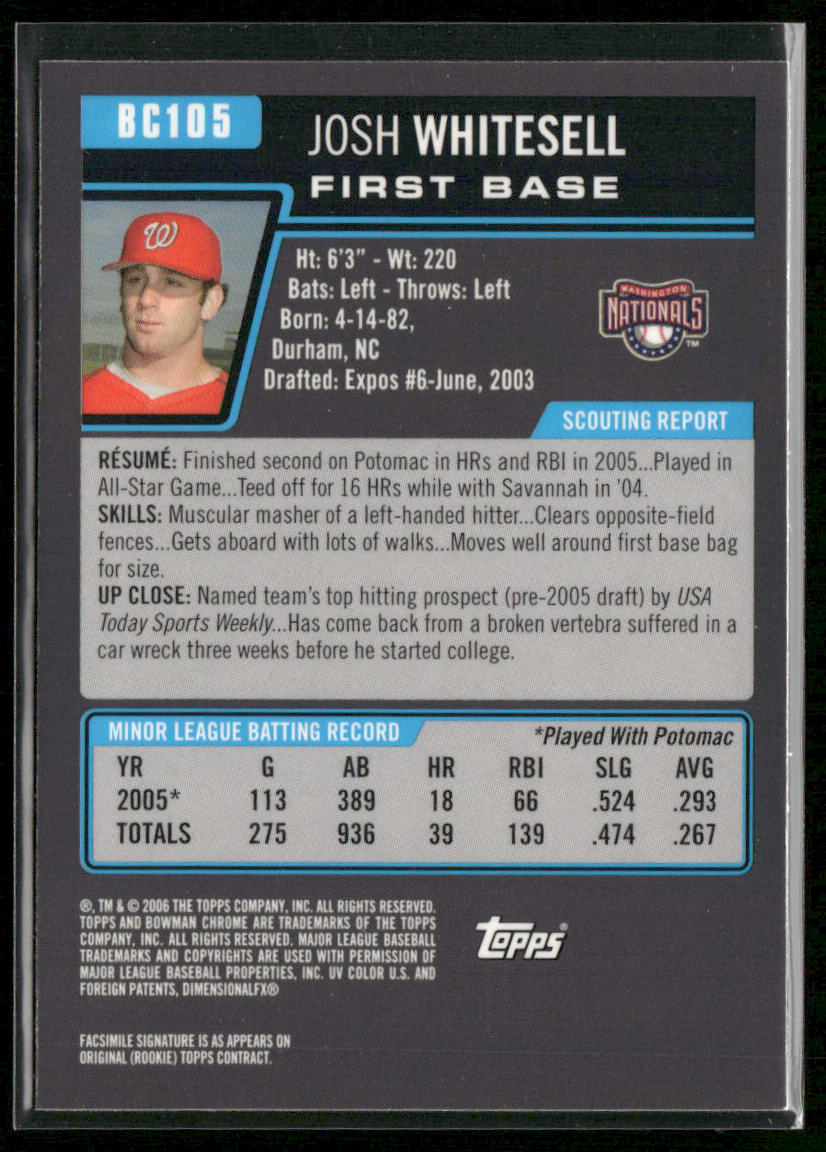 Josh Whitesell 2006 Bowman Chrome Prospects #BC105 Washington Nationals