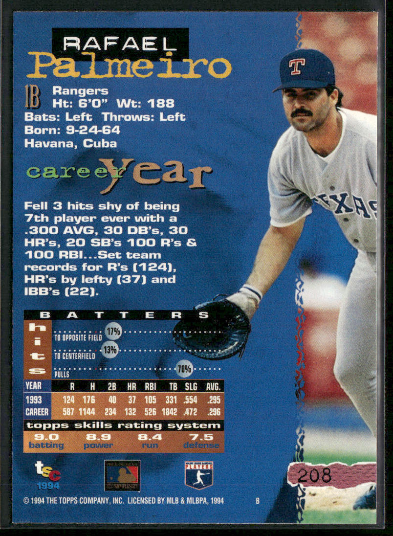 Rafael Palmeiro 1994 Stadium Club #208 Texas Rangers