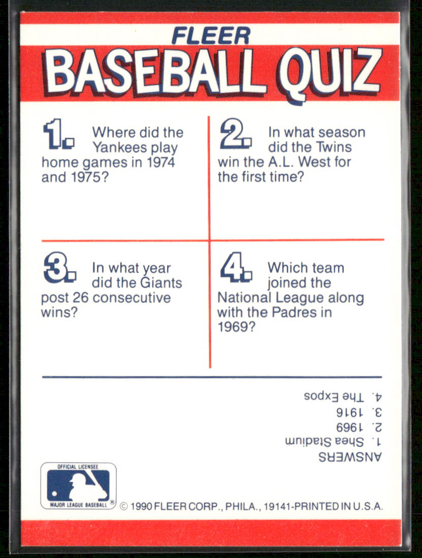 MLB: Twins/Yankees/Padres/Giants 1990 Fleer Action Series Team Stickers #NNO