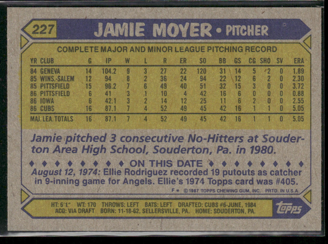 Jamie Moyer 1987 Topps #227 RC Chicago Cubs
