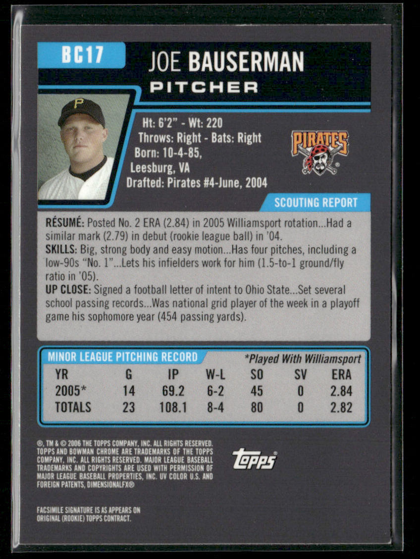 Joe Bauserman 2006 Bowman Chrome Prospects #BC17 Pittsburgh Pirates