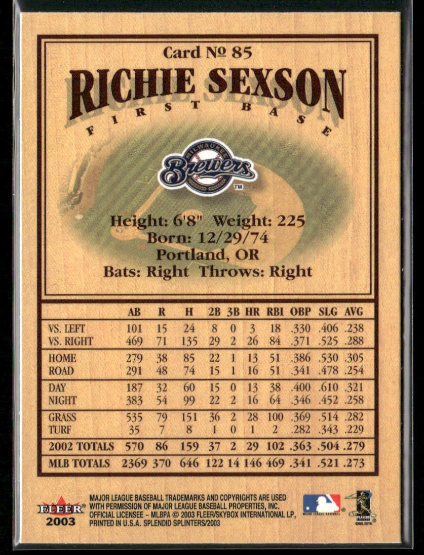 Richie Sexson 2003 Fleer Splendid Splinters #85 Milwaukee Brewers
