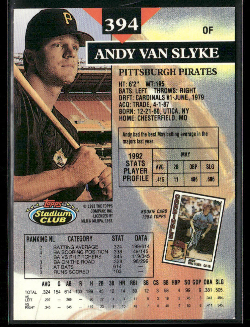 Andy Van Slyke 1993 Stadium Club #394 Pittsburgh Pirates