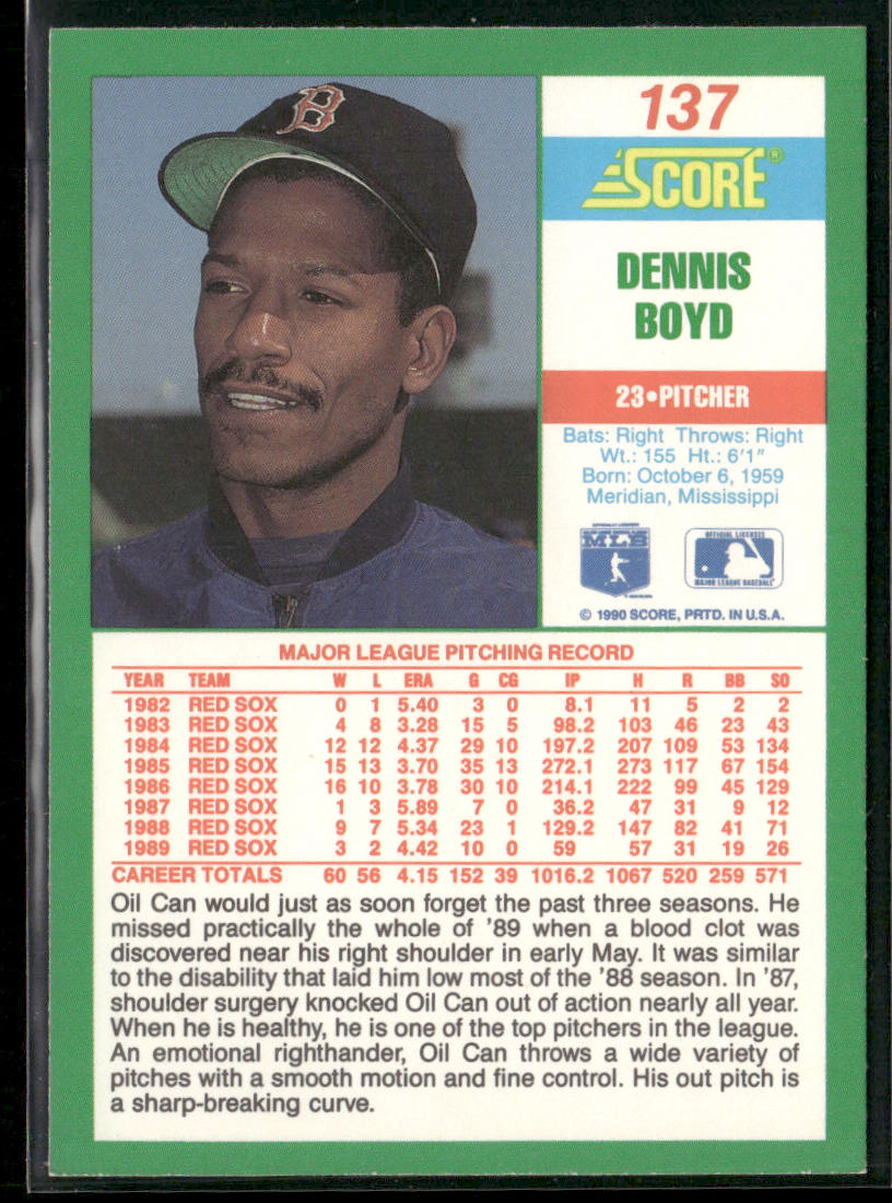 Dennis Boyd 1990 Score #137 Boston Red Sox