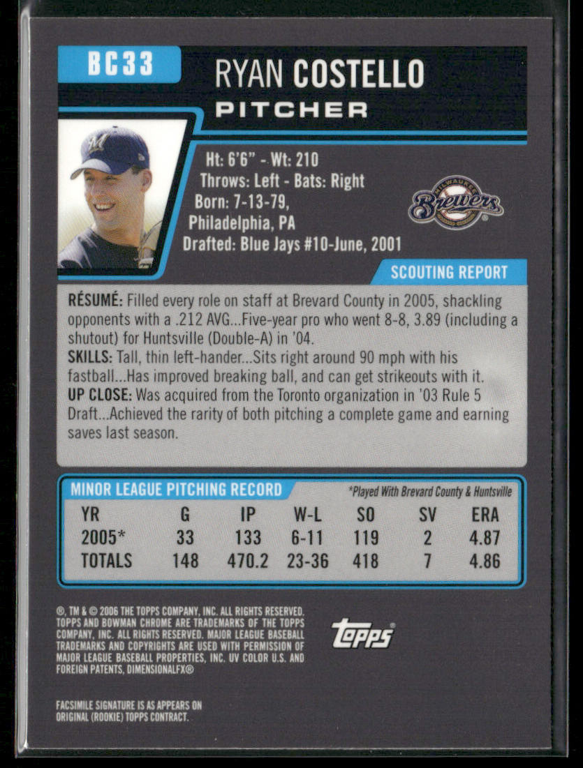 Ryan Costello 2006 Bowman Chrome Prospects #BC33 Milwaukee Brewers