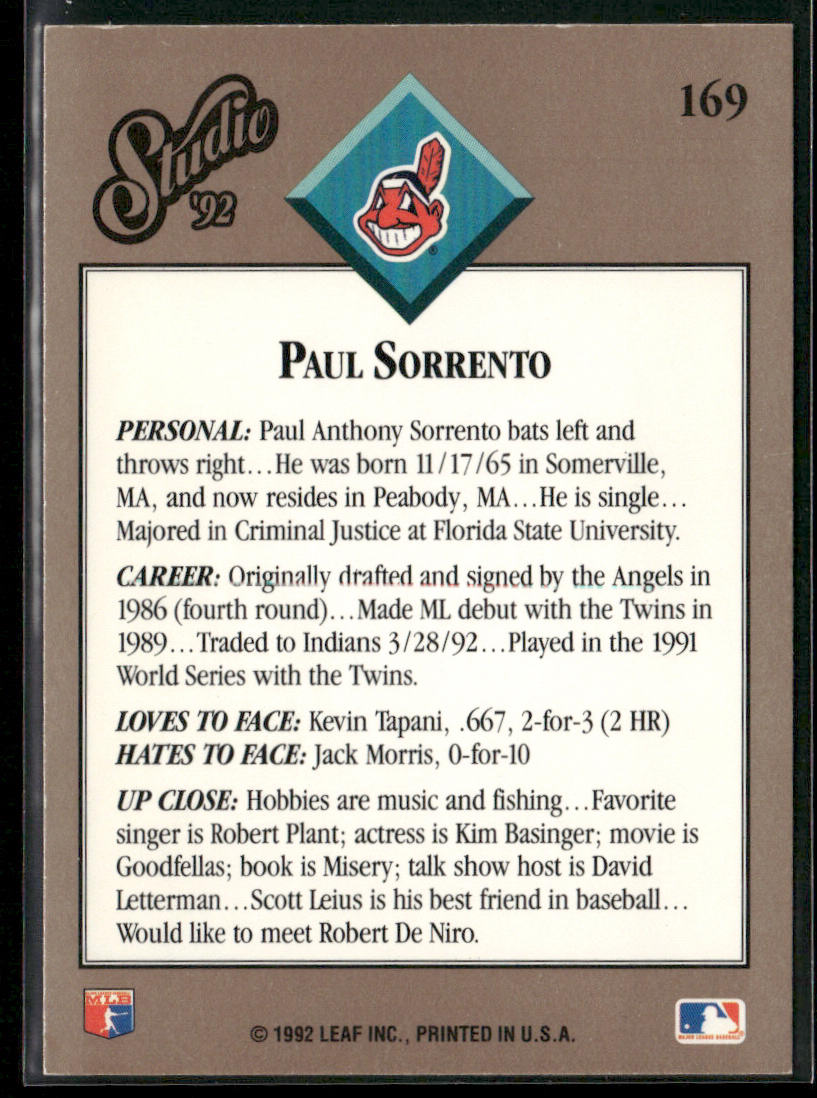 Paul Sorrento 1992 Studio #169 Cleveland Indians