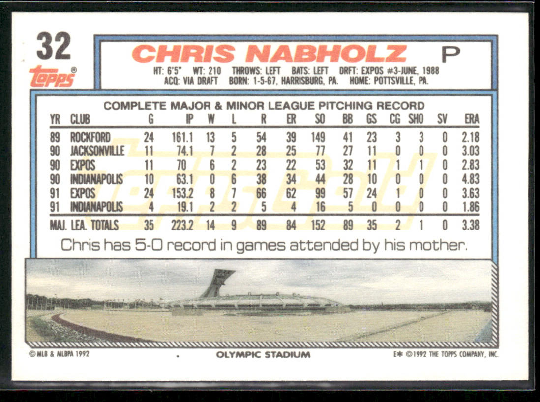 Chris Nabholz 1992 Topps Gold Winners #32 Montreal Expos
