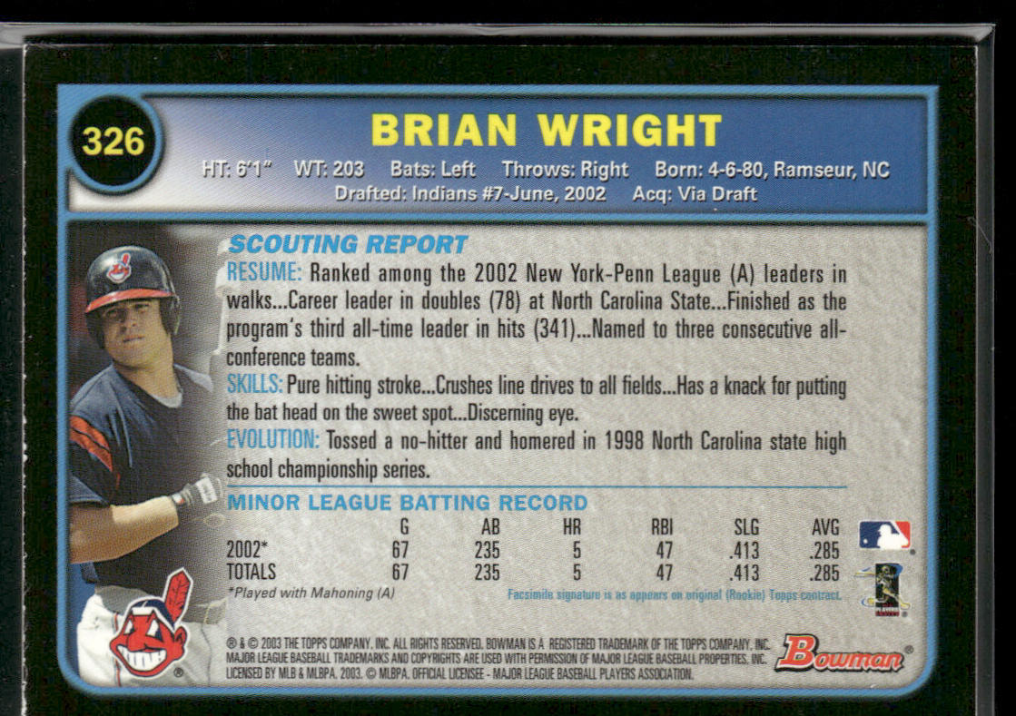 Brian Wright 2003 Bowman #326 RC Cleveland Indians