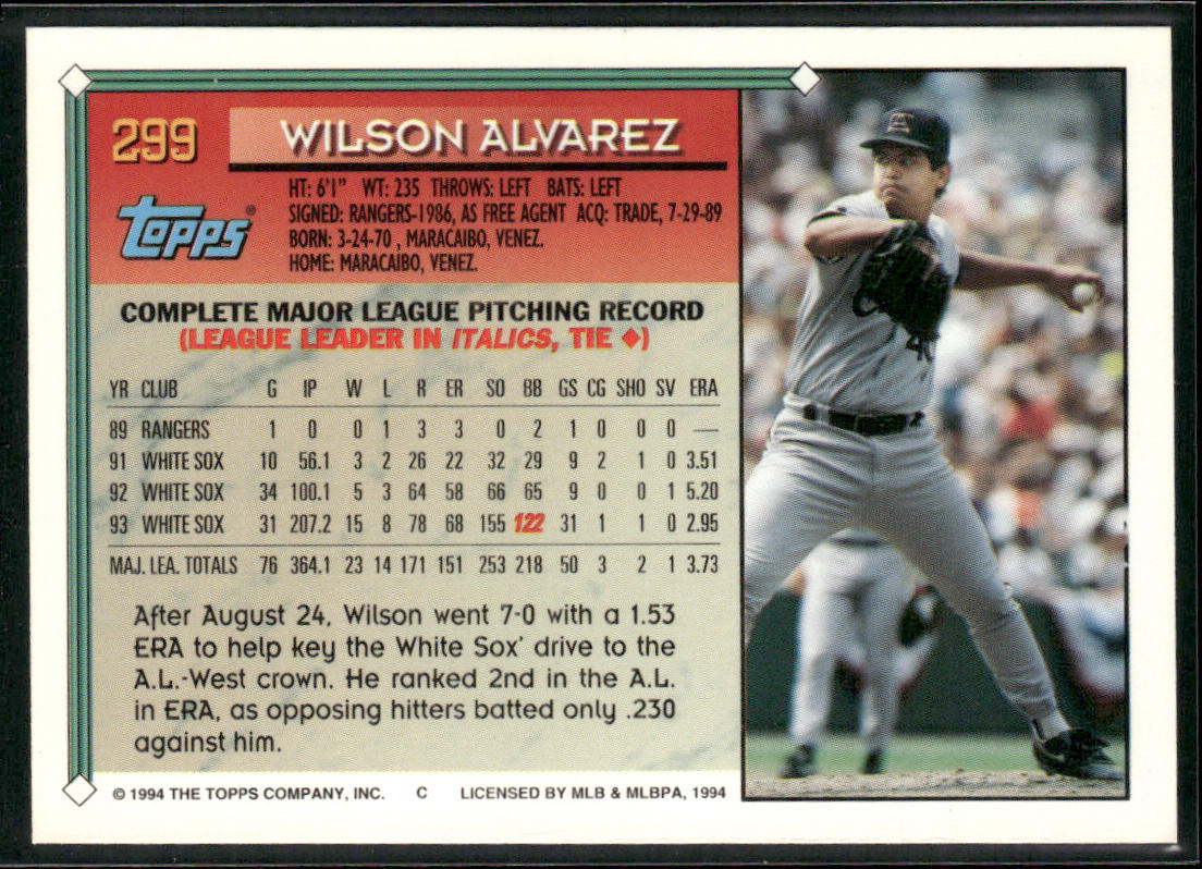 Wilson Alvarez 1994 Topps #299 Chicago White Sox