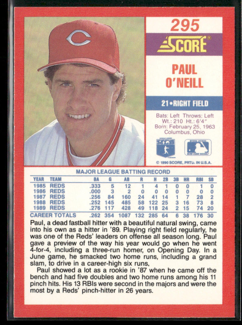 Paul O'Neill 1990 Score #295 Cincinnati Reds