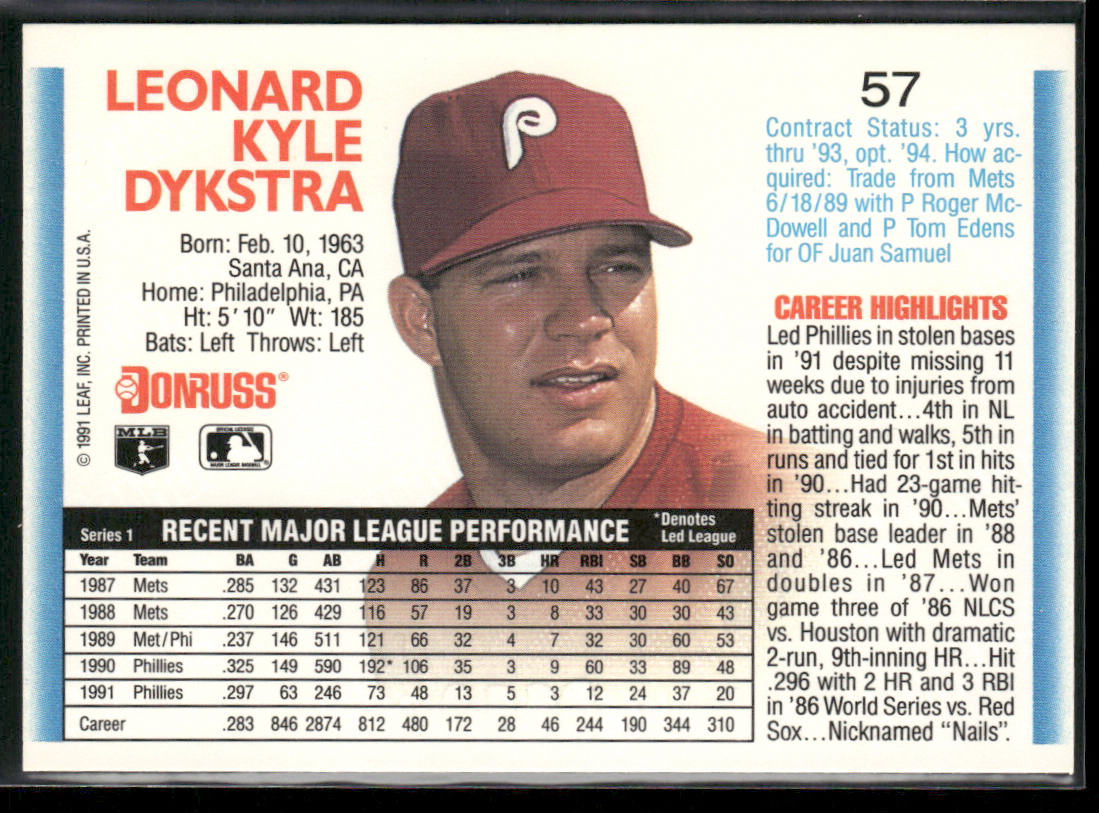 Lenny Dykstra 1992 Donruss #57b Philadelphia Phillies
