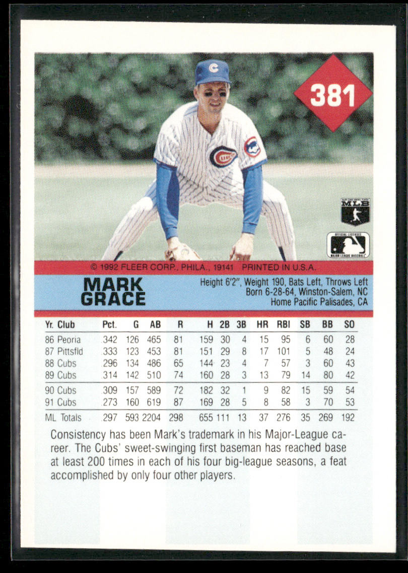 Mark Grace 1992 Fleer #381b Chicago Cubs