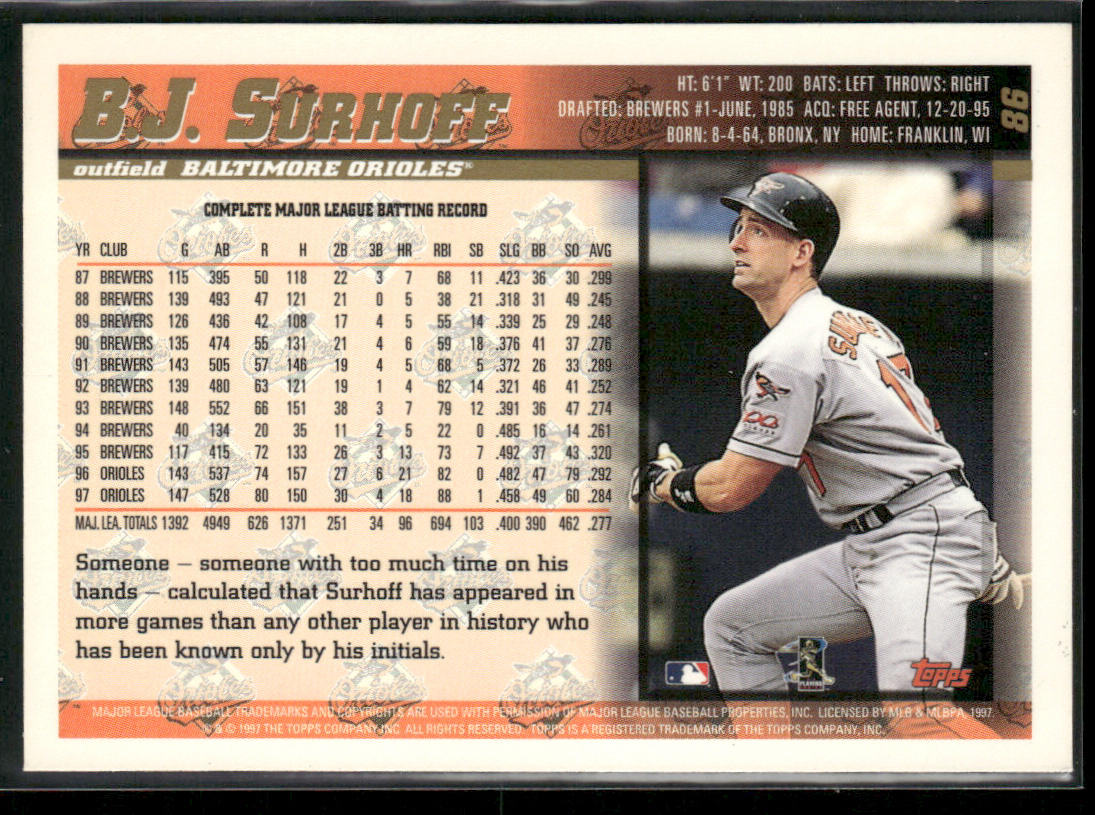 B.J. Surhoff 1998 Topps #86 Baltimore Orioles