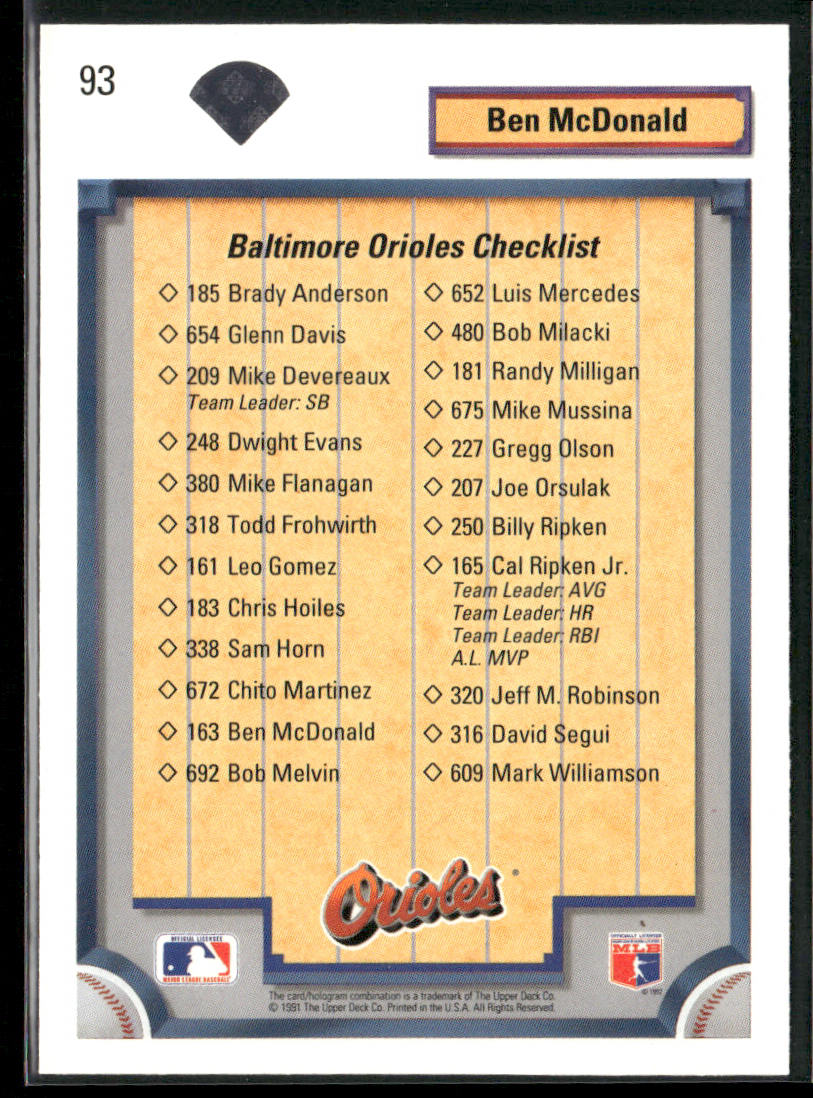 Ben McDonald 1992 Upper Deck #93 Baltimore Orioles