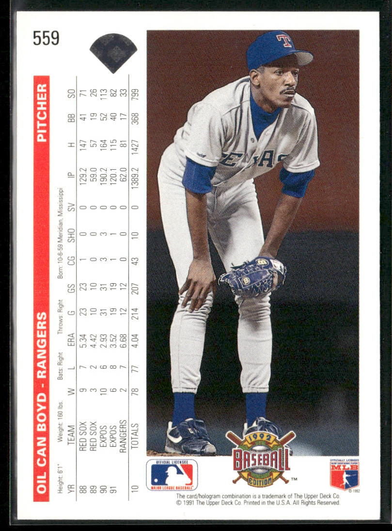 Oil Can Boyd 1992 Upper Deck #559 Texas Rangers