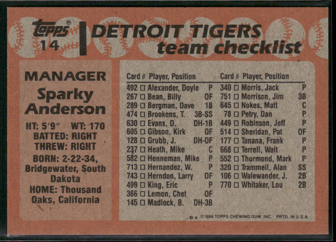 Sparky Anderson 1988 Topps #14 Detroit Tigers